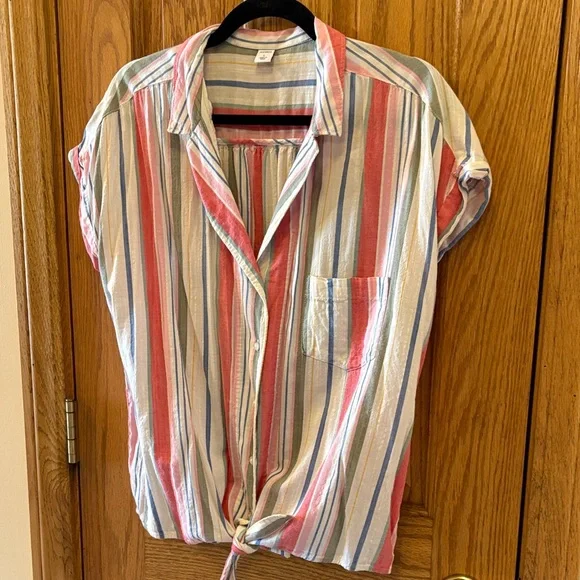 Old Navy Blue, White, Pink, Red, and Sage Striped Shirt - Tie-Front - Picture 8 of 11